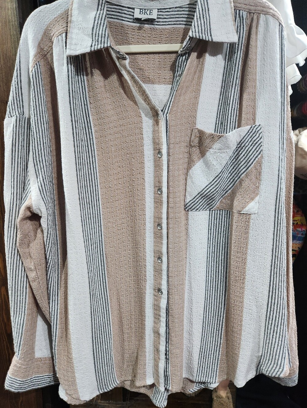 BKE Women's Beige & White Striped Button-Up Shirt